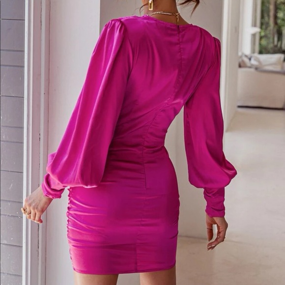 fuchsia twist Front Ruched Satin Dress - Picture 5 of 5